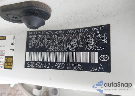 2010 Toyota Prius Ii from USA, damaged, VIN JTDKN3DU0A0198217